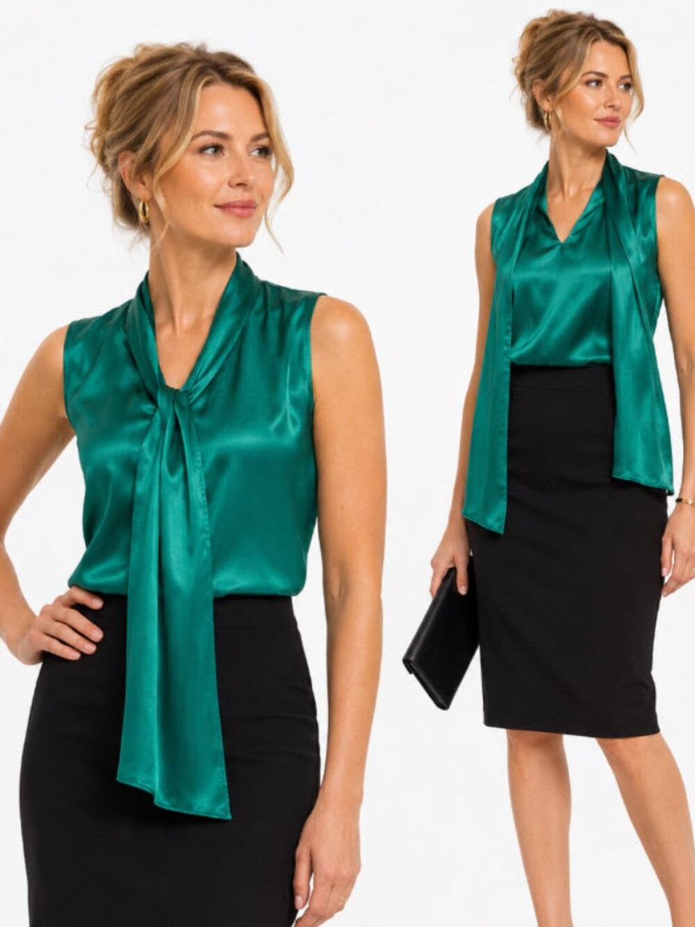9&Co Green Satin Sleeveless Blouse Size Medium Tie Neck